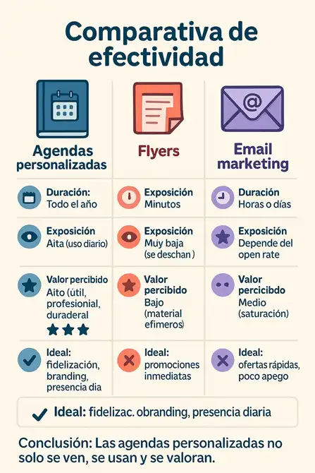 comparativa de efectividad (agendas, flayers y email marketing) infografía
